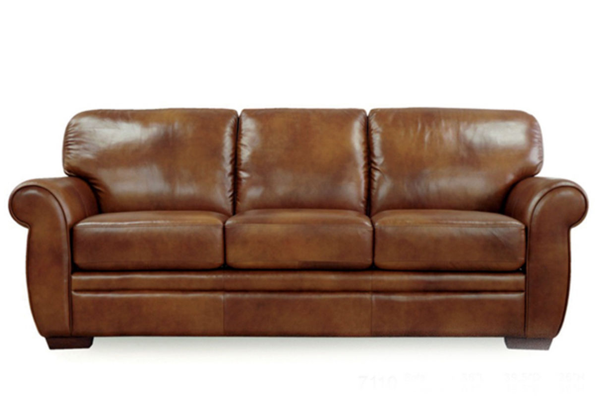 chestnut leather sofa with wood trimming