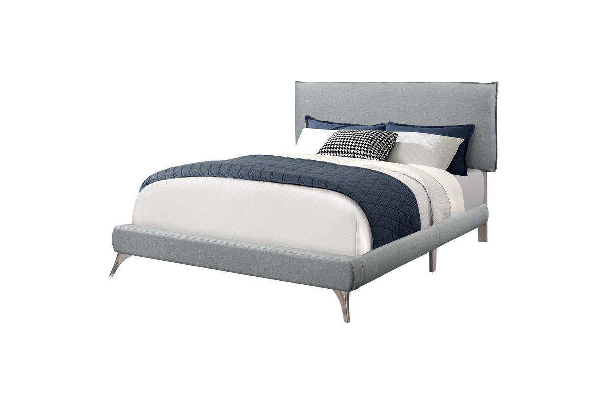 Grey Linen Queen Bed With Chrome Legs By Monarch