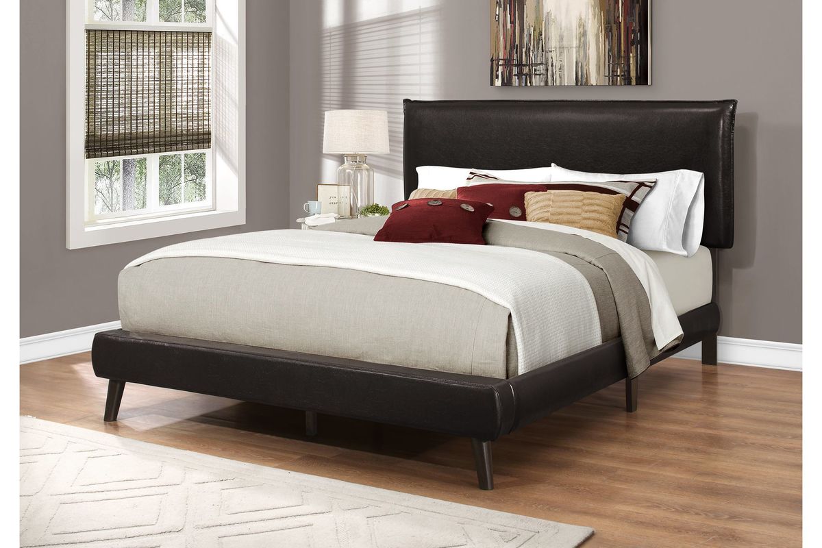 Brown Faux Leather Queen Bed with Wood Legs by Monarch