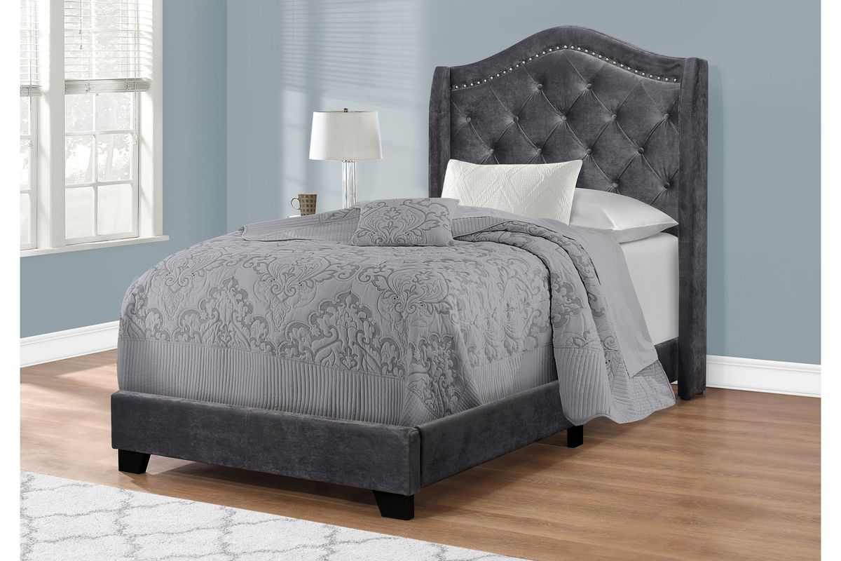 Dark Grey Velvet Upholstered Twin Bed with Nailhead by Monarch