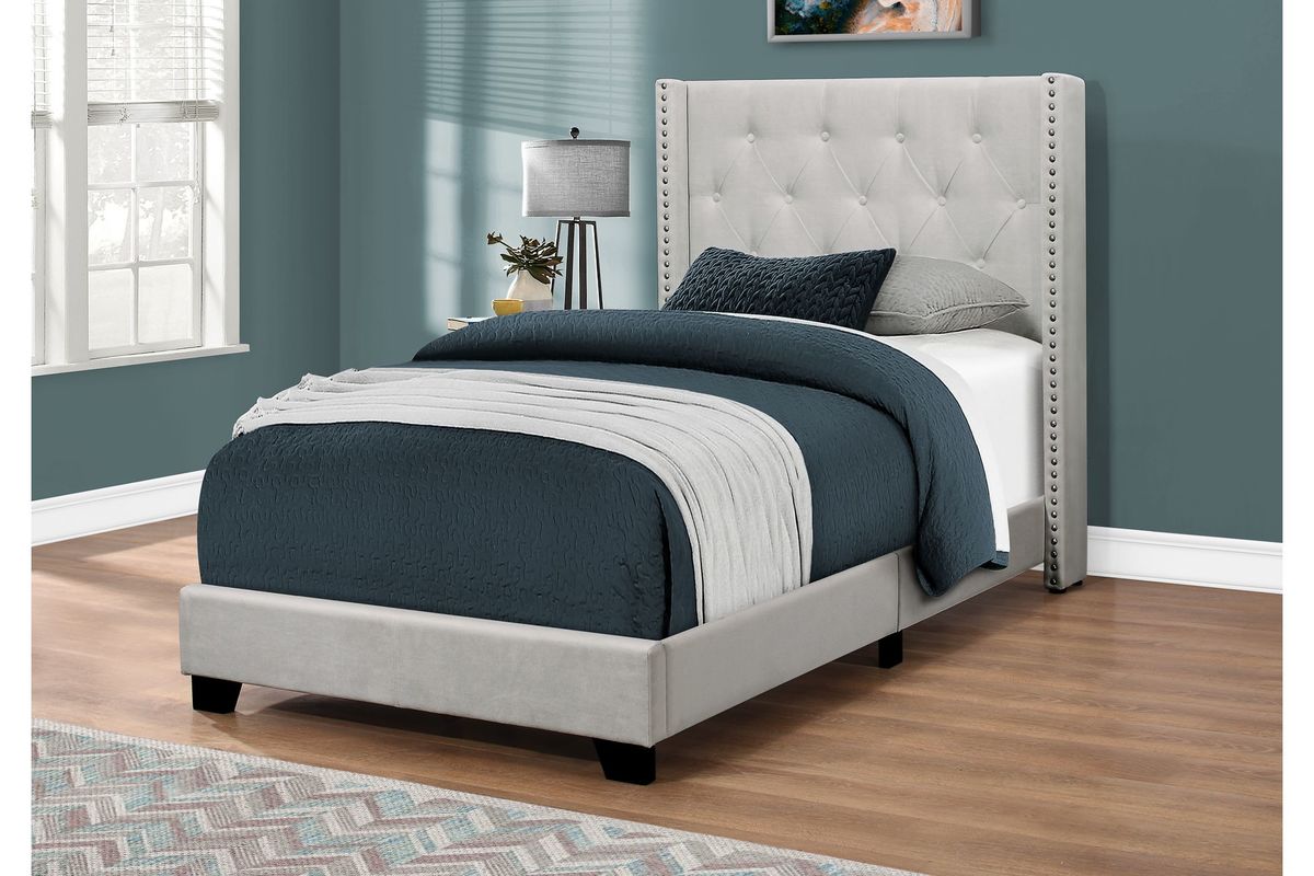 Light Grey Velvet Twin Bed with Tufting & Nailhead by Monarch