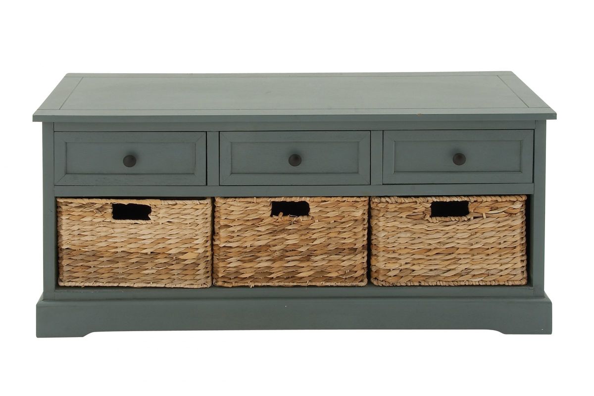 Updated Traditional 3 Wicker Basket Wood Low Cabinet In Blue Grey