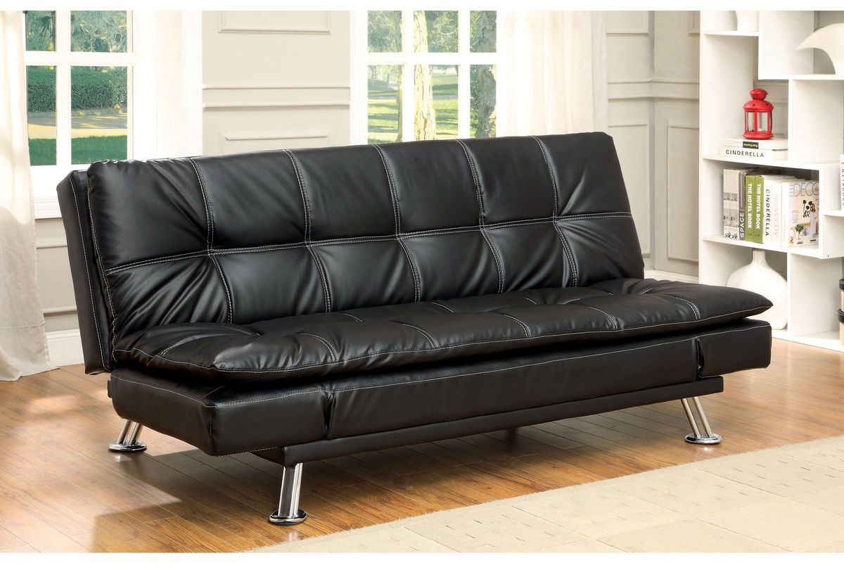 Bosco Plush Biscuit Tufted Leatherette Futon with Adjustable Arms in Black